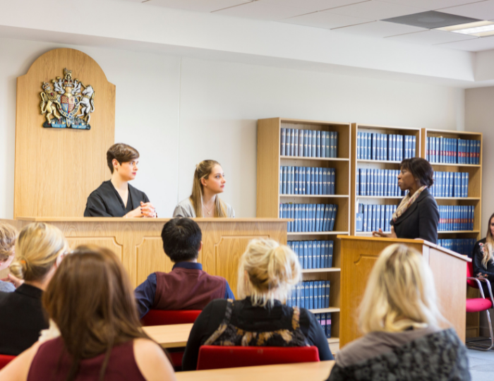 Image -  On-campus mock courtroom 
 Our LLB students are encouraged to develop their skills and regularly practice them in our convincing mock courtroom. 